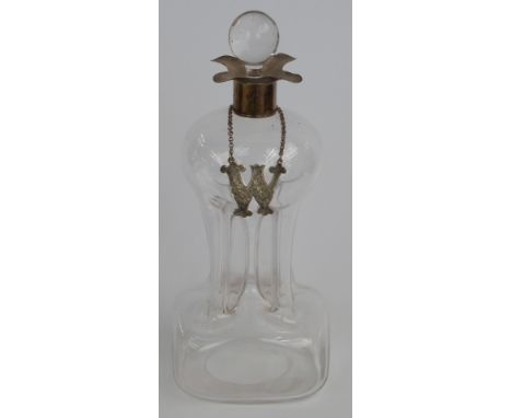 Edward VII hallmarked silver mounted glass glug decanter, Birmingham 1909 maker William Hutton &amp; Sons, with silver plated