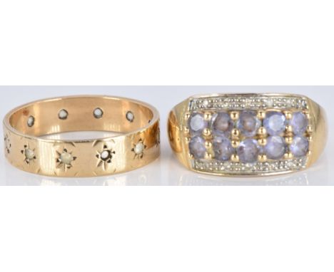 A 9ct gold ring set with amethysts and diamonds and a 9ct gold ring set with paste, 6.3g, sizes L/M and P