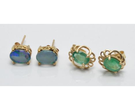 Two pairs of 9ct gold earrings, one set with emeralds the other opal triplets, 2g