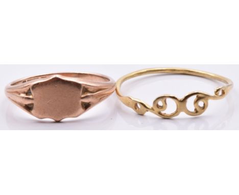 A 9ct rose gold signet ring and a 9ct gold ring, 2.0g, size K and F&nbsp;