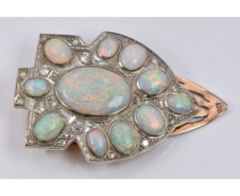 Art Deco 18ct gold clip set with oval opal cabochons and diamonds. W- 3cm - L-13cm, 13g