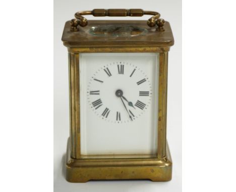 Late 19th/ early 20thC&nbsp;brass carriage clock with Roman enamelled dial,&nbsp;'Leo' stamp to back plate and brass corniche