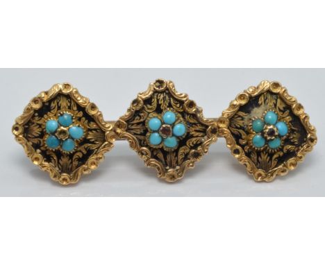 Victorian brooch set with three turquoise clusters on a black enamel ground within a foliate gold border, 1.5 x 4.4cm, 7.2g