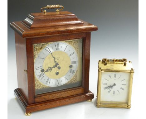 An oak cased three train mantel clock marked 'Woodford' to dial and a Smith's carriage clock, tallest 27cm&nbsp;
