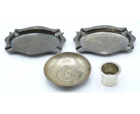 Two hallmarked silver ashtrays, white metal Belgian coin based dish and a further white metal item, weight 103g all in