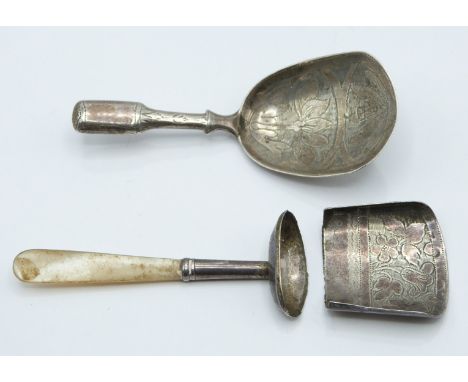 Two Georgian hallmarked silver caddy spoons, one with mother of pearl handle, Birmingham 1818 maker&nbsp;Joseph Taylor, the o