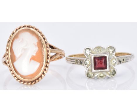 A 9ct gold ring set with a cameo and a 9ct gold and silver ring, 2.4g, size K and P