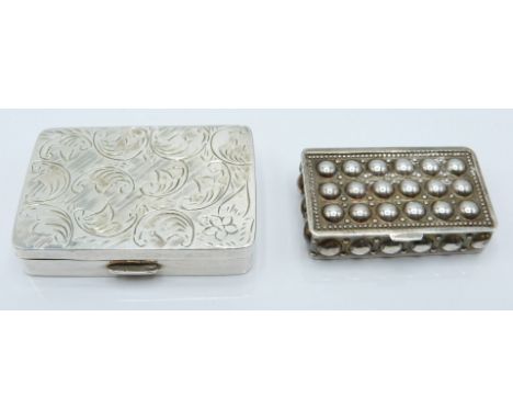 Two hallmarked silver trinket boxes, one with bobble design and gilt interior, the other with engraved swirl design, width of