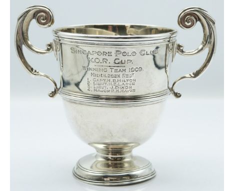 Goldsmiths and Silversmiths Edward VII&nbsp;hallmarked silver pedestal trophy cup engraved for 'Singapore Polo Club, K.O.R. C