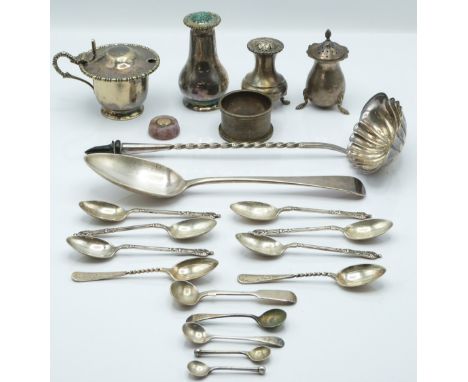 Hallmarked silver items including Georgian table spoon, napkin ring, peppers etc, weight 317g, Blue John or similar mounted c