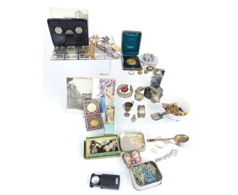 A collection of jewellery including a yellow metal pocket watch, Mexican silver pendant set with foiled faux opal, Art Deco b