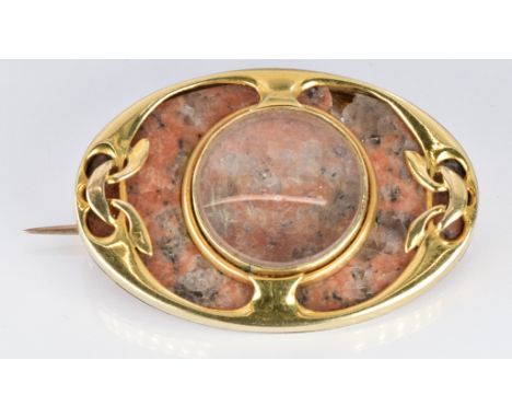 Art Nouveau gold brooch set with quartz with a glass compartment to the centre verso engraved M.H.L 1822-1905, 2 x 4cm