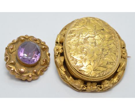 Victorian brooch set with two glass compartments and a Victorian brooch set with an amethyst, length 4.5cm