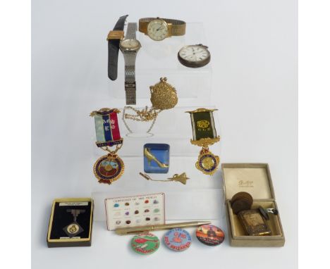 A collection of watches and bijouterie including a hallmarked silver pocket watch, Masonic medals, silver Royal Air Force fob