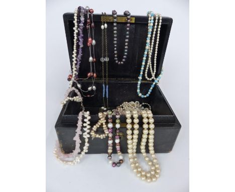A collection of necklaces including pearls, amethyst etc, in Asprey jewellery box&nbsp;
