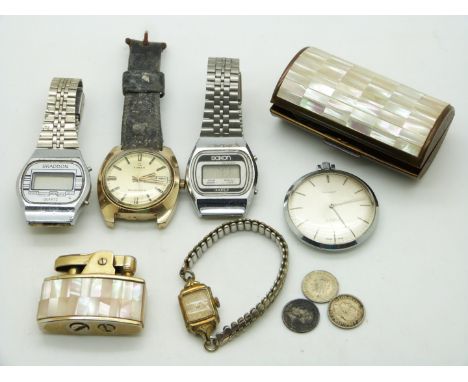 Five various gentleman's wrist and pocket watches including Timex, Summit and Saxon together with a Ronson mother of pearl an