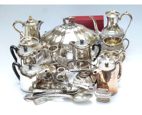 Large collection of plated ware including a large domed cover, height 22cm, Victorian tea set, teapot, candlesticks, basting 