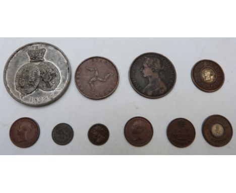 Victorian coins to include 1839 penny and halfpenny, an Albert and Alexandra 1863 commemorative medal etc