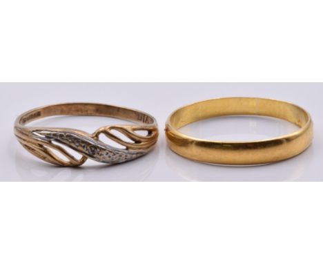 A 22ct gold wedding band/ ring, London 1885, (1.3g, size L) and 9ct gold ring, (1g, size K)