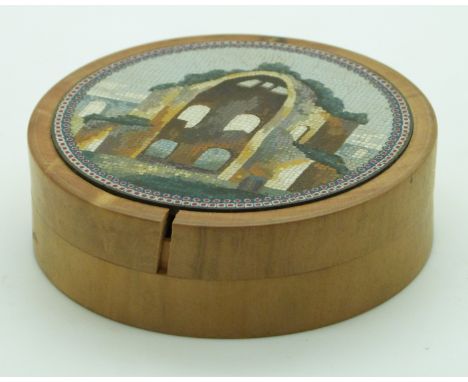 Micromosaic lidded turned wood grand tour circular patch box depicting a ruined building / abbey, the box possibly laburnum o
