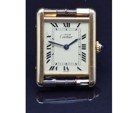 Must de Cartier Tank Vermeil silver gilt ladies wristwatch ref. 590005 with blued hands, black Roman numerals, champagne dial