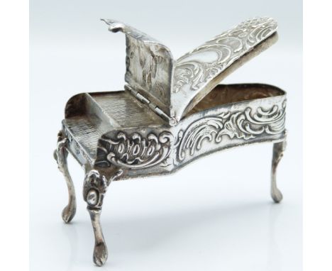 Victorian hallmarked silver novelty trinket box or vesta in the form of a grand piano with embossed decoration, import marks 