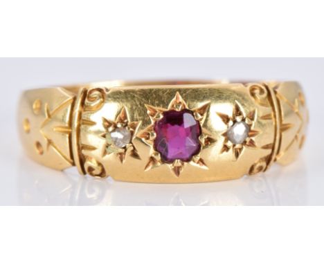 Edwardian 18ct gold ring set with a ruby and diamonds, Birmingham 1905, 2.6g, size Q