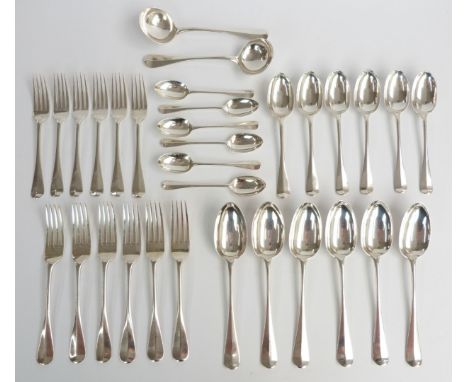 Victorian six place setting canteen of Hanovarian rat tail pattern cutlery comprising six table spoons, six dessert spoons, s