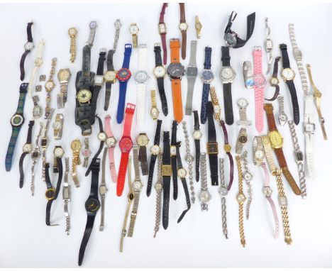 Seventy-two various ladies and gentleman's wristwatches including Smiths calendar, Timex, Cauny, Fossil etc