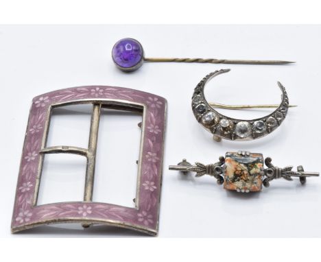 A silver buckle set with enamel, Victorian crescent brooch, moss agate brooch and an amethyst stick pin