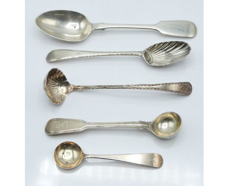 Georgian hallmarked silver and later cutlery comprising bright cut spoon and similar small ladle, both with shell shaped bowl