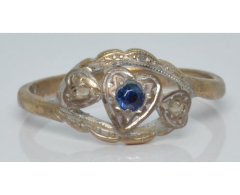 A 9ct gold ring set with a sapphire and two diamonds in a heart setting, 1.9g, size M&nbsp;