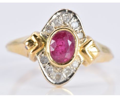 Art Deco French 18ct gold ring set with an oval cut ruby and diamond, 2.6g, size G