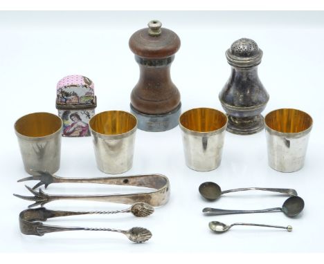 Georgian hallmarked silver pepper, London 1739 maker&nbsp;Dinah Gamon, height 9cm, weight 43g, hallmarked silver spoons and s