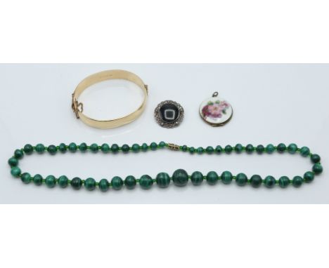 A silver and guilloché enamel pendant, silver brooch, rolled gold bangle and malachite necklace (L- 54cm)