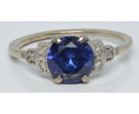 Art Deco 9ct white gold ring set with a synthetic sapphire and a diamonds, 2.2g, size M&nbsp;