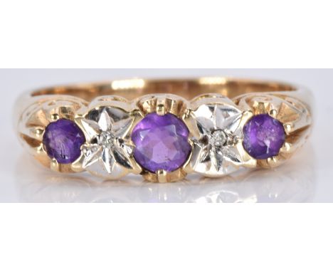 A 9ct gold ring set with amethyst and diamonds, 4.5g, size R