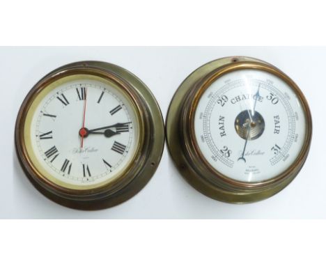 Foster Callear quartz brass bulkhead clock, together with a matching dial barometer both with 12cm dials