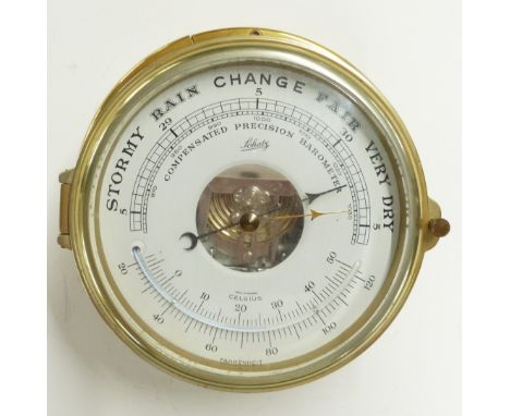 Shatz compensated precision ship's bulkhead dial barometer in brass case, diameter 15cm