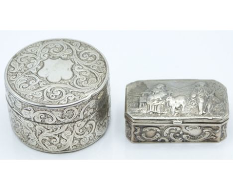 German white metal trinket box with embossed scene of shepherds to lid, German 800 grade silver marks to base, length 52mm, w