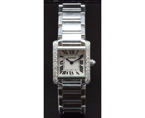 Cartier Tank 18ct white gold ladies wristwatch ref. 2365 with 12 diamonds set to each side of the case, blued hands, black Ro