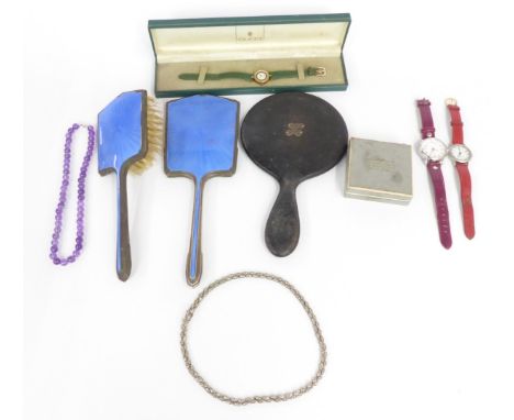 Hallmarked silver and guilloché mirrors, amethyst necklace, paste necklace, Gucci watch etc&nbsp;