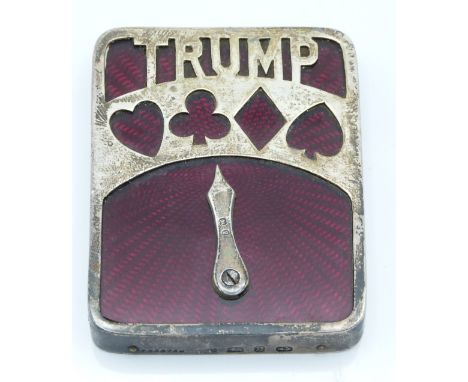 Victorian hallmarked silver and guilloché enamel playing card trump marker stamped to sides The Revoker and Blanche, Birmingh