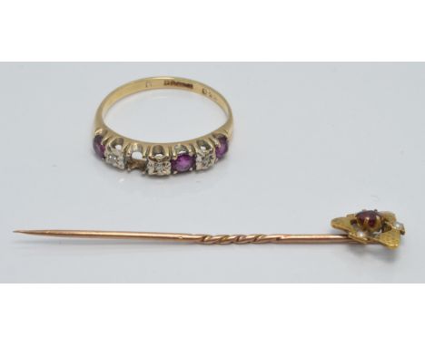 Art Nouveau 15ct gold&nbsp;stick pin set with a ruby and seed pearls (1g) and a 9ct gold ring set with rubies and diamonds (2