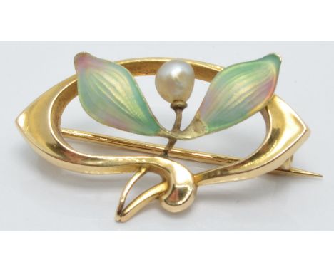 Art Nouveau 15ct gold brooch set with enamel and a pearl, 1.5 x 3cm