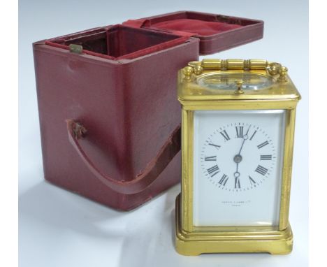 Mappin &amp; Webb Ltd Paris brass carriage clock, the Roman enamelled dial with Breguet style hands, the two track half hourl