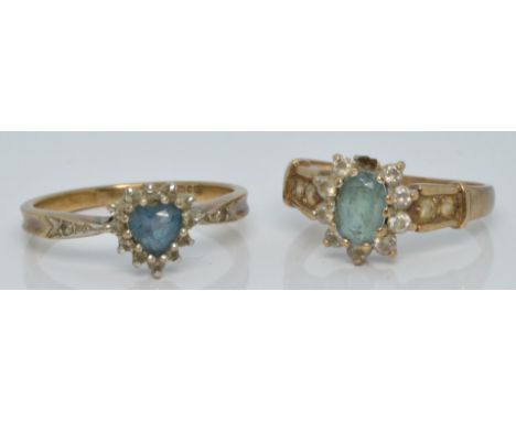 Two 9ct gold rings, one set with blue topaz and diamonds (size M/N) and the other blue topaz and cubic zirconia (size L), 4.3