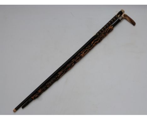 George V hallmarked silver collared, antler handled walking stick, Birmingham 1918, together with an ebony cane with bone geo