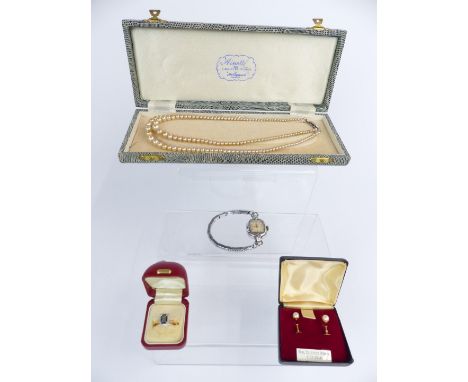 A pair of 9ct gold earrings set with cultured pearls, faux pearl necklace, Timex watch and paste ring