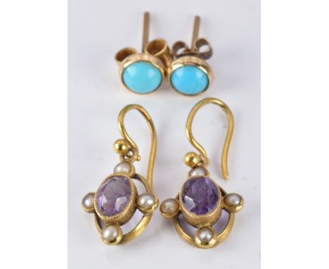 A pair of Edwardian 15ct gold earrings set with an amethyst and pearls and a pair of 9ct gold earrings set with turquoise&nbs
